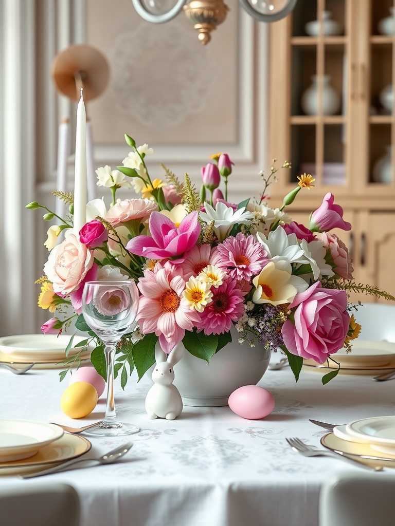 A pastel floral centerpiece with various flowers, a bunny figurine, and colorful Easter eggs on a dining table.