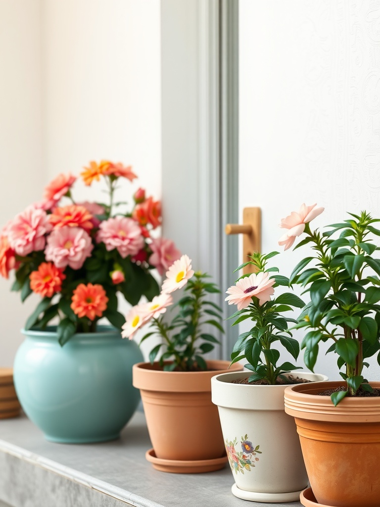 A collection of pastel painted terracotta pots filled with flowers, showcasing a cheerful and inviting spring decor.
