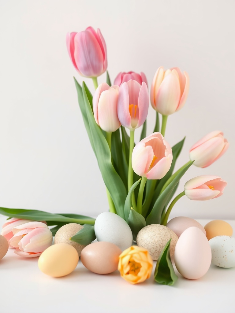 A display of pastel tulips surrounded by colorful Easter eggs.