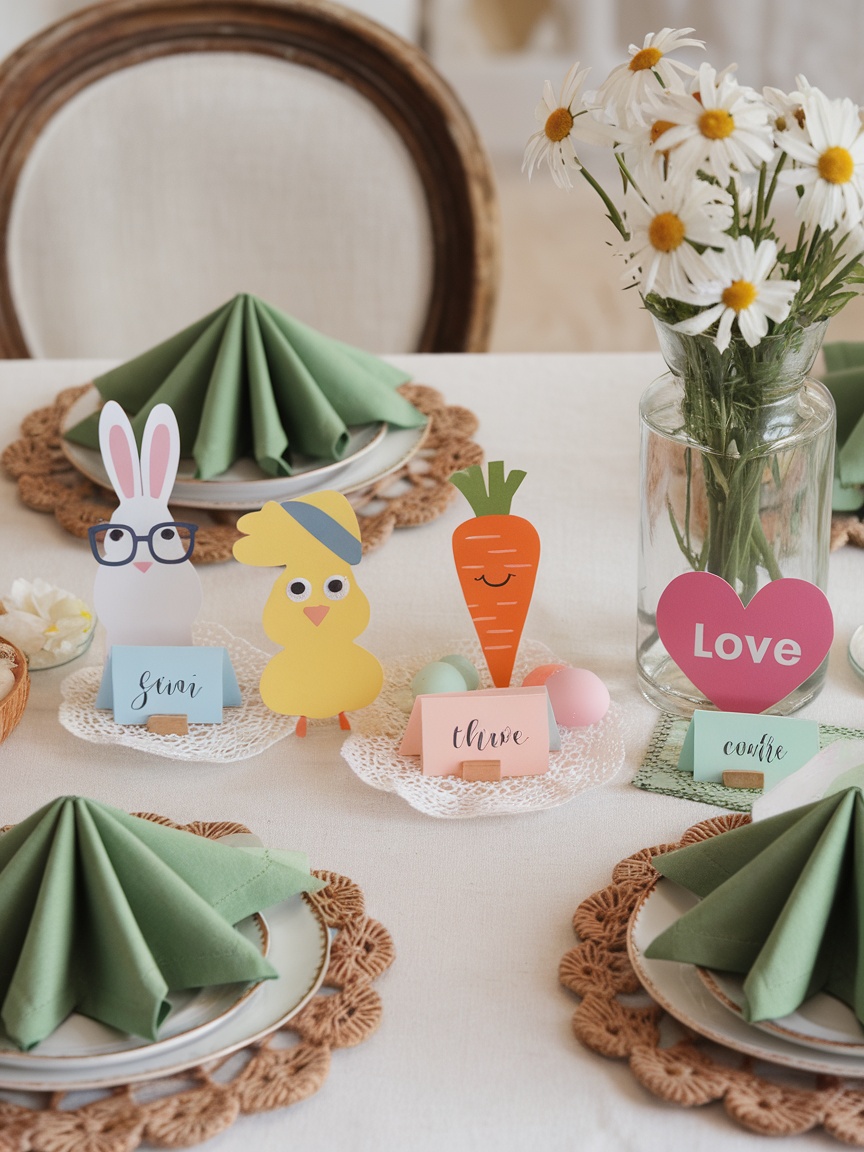 A beautifully set table with a personalized place card, surrounded by flowers and decorative items.