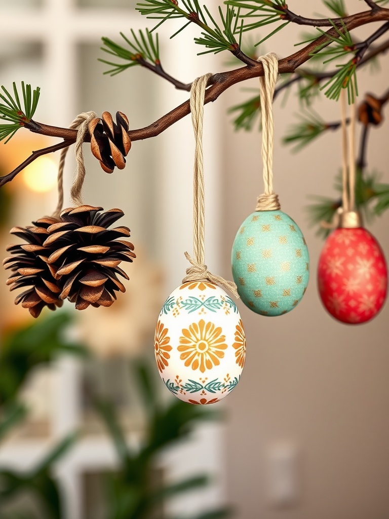 A branch with pinecone and colorful egg ornaments hanging from it