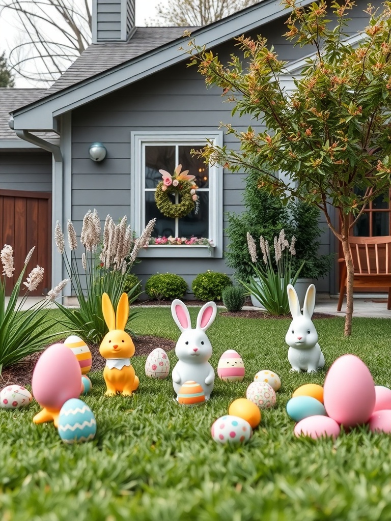 A garden decorated for an Easter egg hunt with colorful eggs and bunny figures.