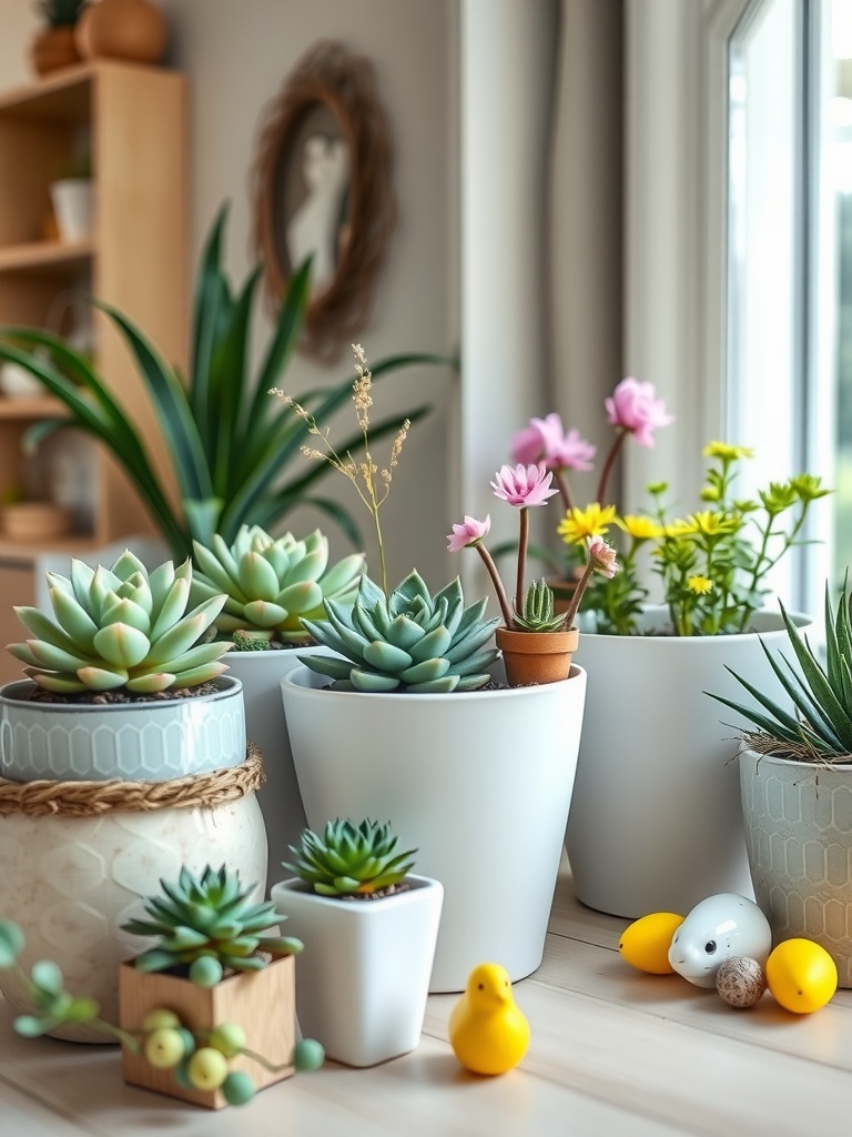 A collection of potted succulents in neutral tones, decorated with Easter accents like colorful eggs and small chicks.