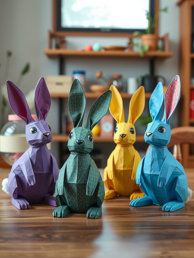 Four colorful paper mache bunnies in different poses, featuring purple, green, yellow, and blue colors, placed on a wooden table