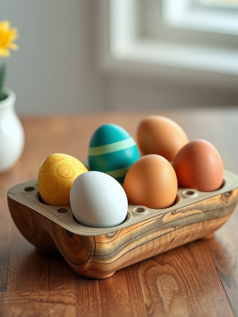A rustic wooden egg holder displaying various decorated eggs in different colors.