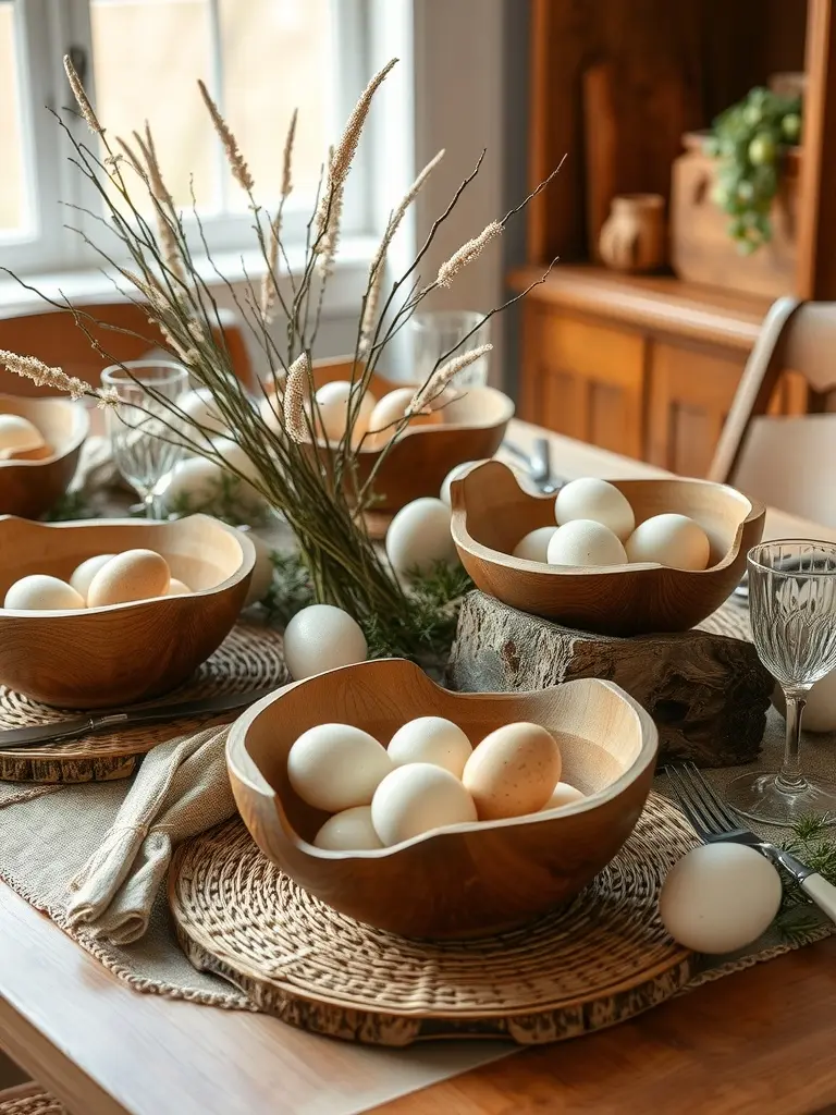 Easter tablescape featuring rustic wooden bowls filled with eggs, woven placemats, and natural accents