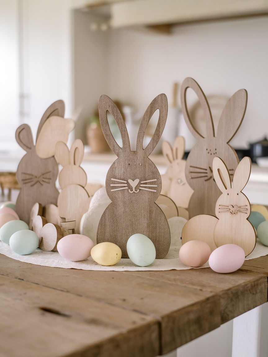 Two rustic wooden bunnies in neutral Easter decor setting