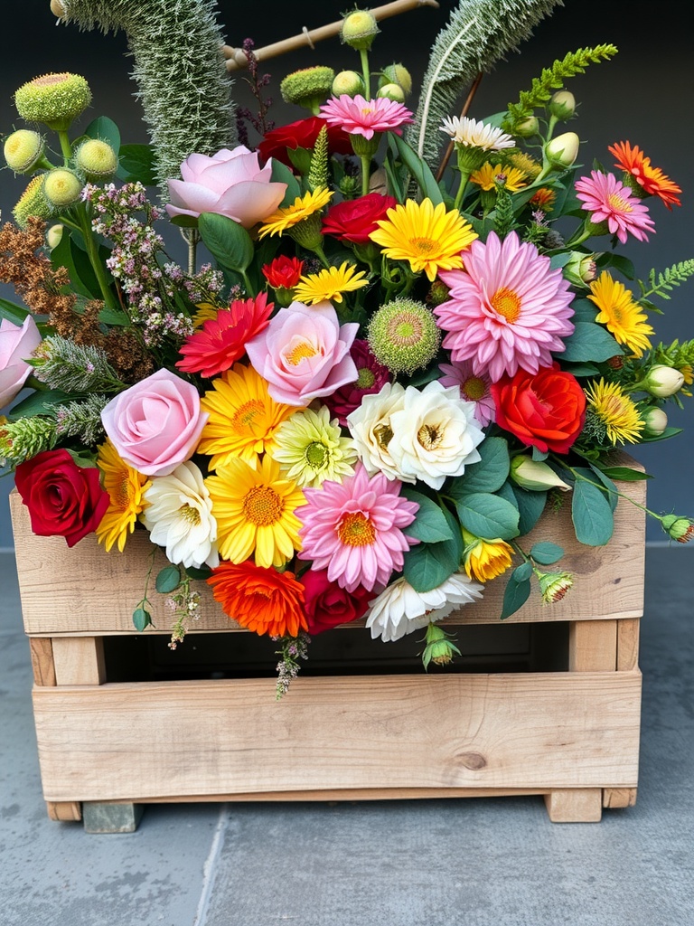 A rustic wooden crate overflowing with colorful flowers, perfect for an Easter centerpiece.