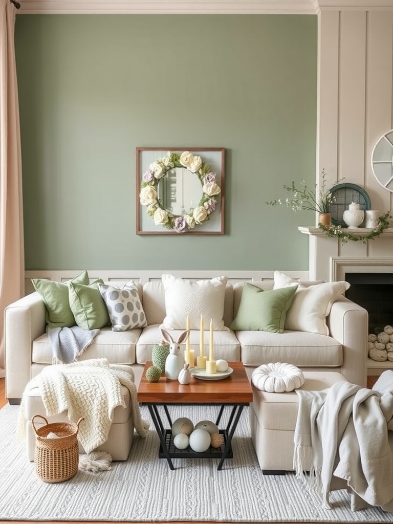 Cozy Easter decor with sage green walls and cream accents featuring bunny figurines and potted plants.