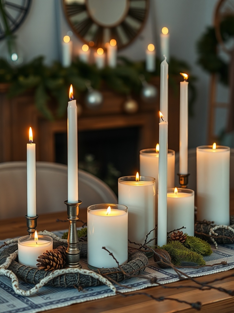 A beautifully arranged table of candles with nature accents for Easter decor.