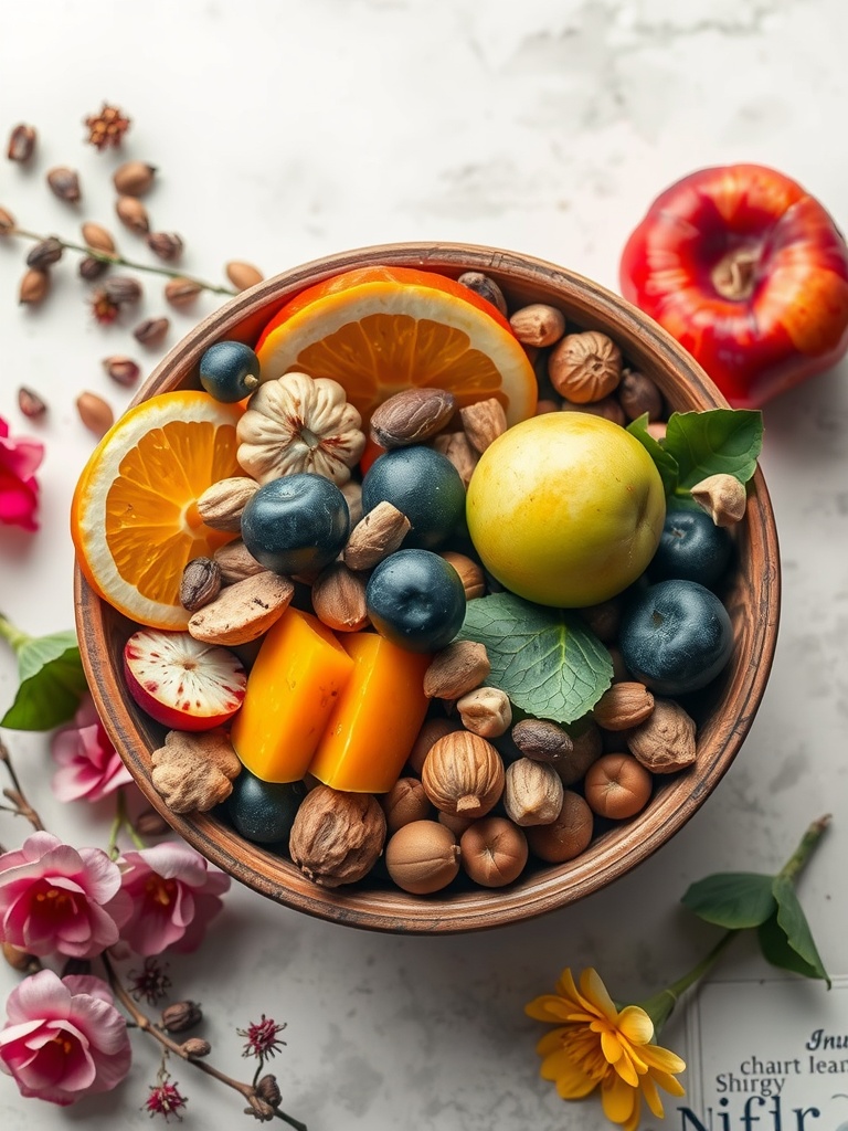A beautiful bowl filled with seasonal fruits and nuts, decorated with flowers.