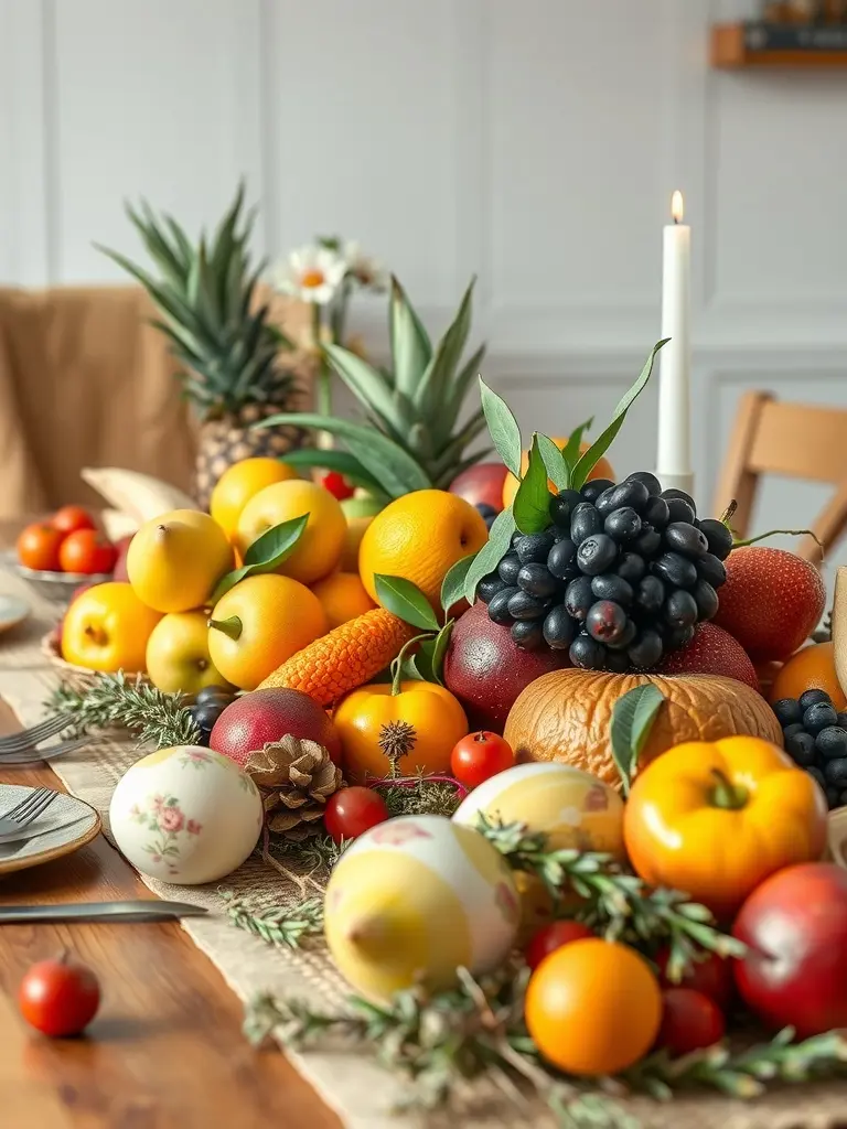 A colorful arrangement of seasonal fruits and decorative items on a festive Easter table.