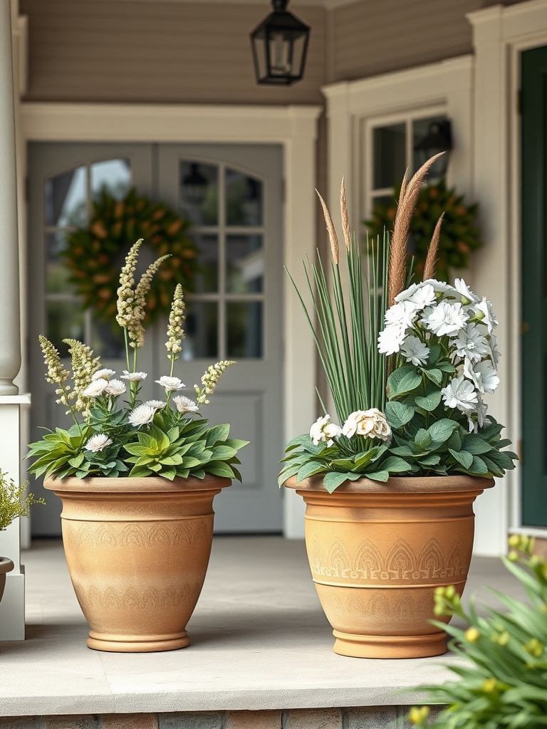 Two clay pot planters with white flowers and green foliage on a porch.