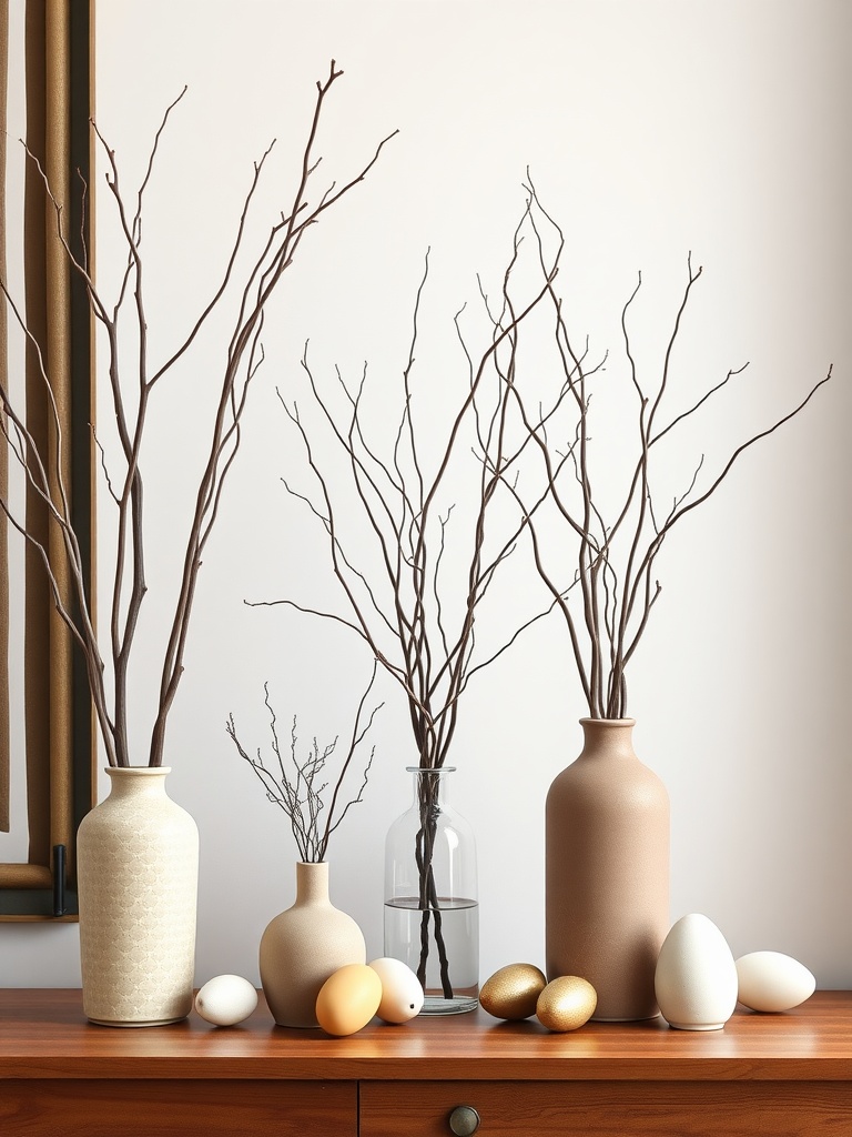 A neutral Easter decor arrangement featuring simple twig arrangements in various vases, surrounded by decorative eggs.
