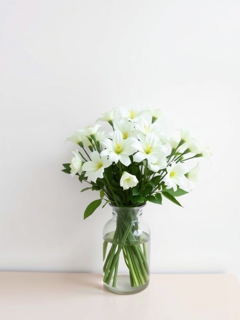 Simple white flower arrangement in a clear glass vase