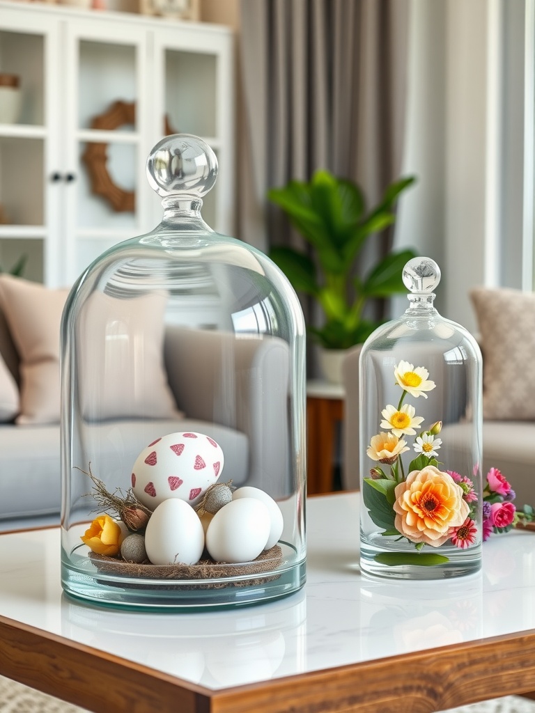 Two glass cloches featuring Easter-themed decor with eggs and flowers.