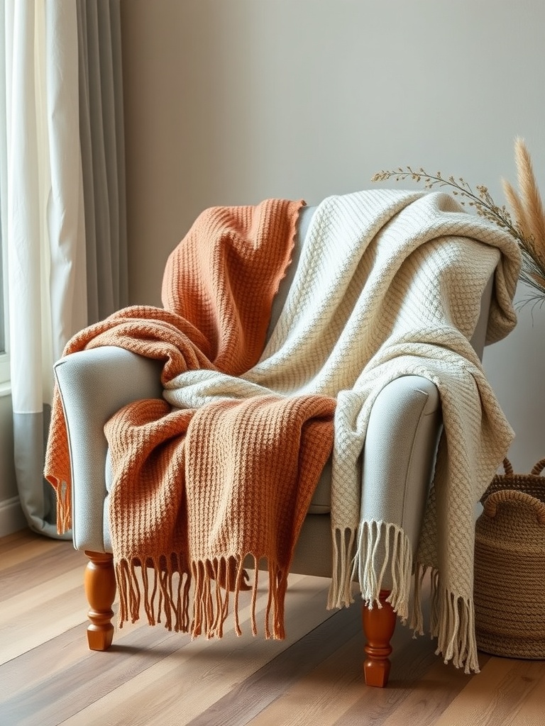 A cozy chair with soft earth-toned throw blankets in orange and cream, creating a warm and inviting atmosphere.