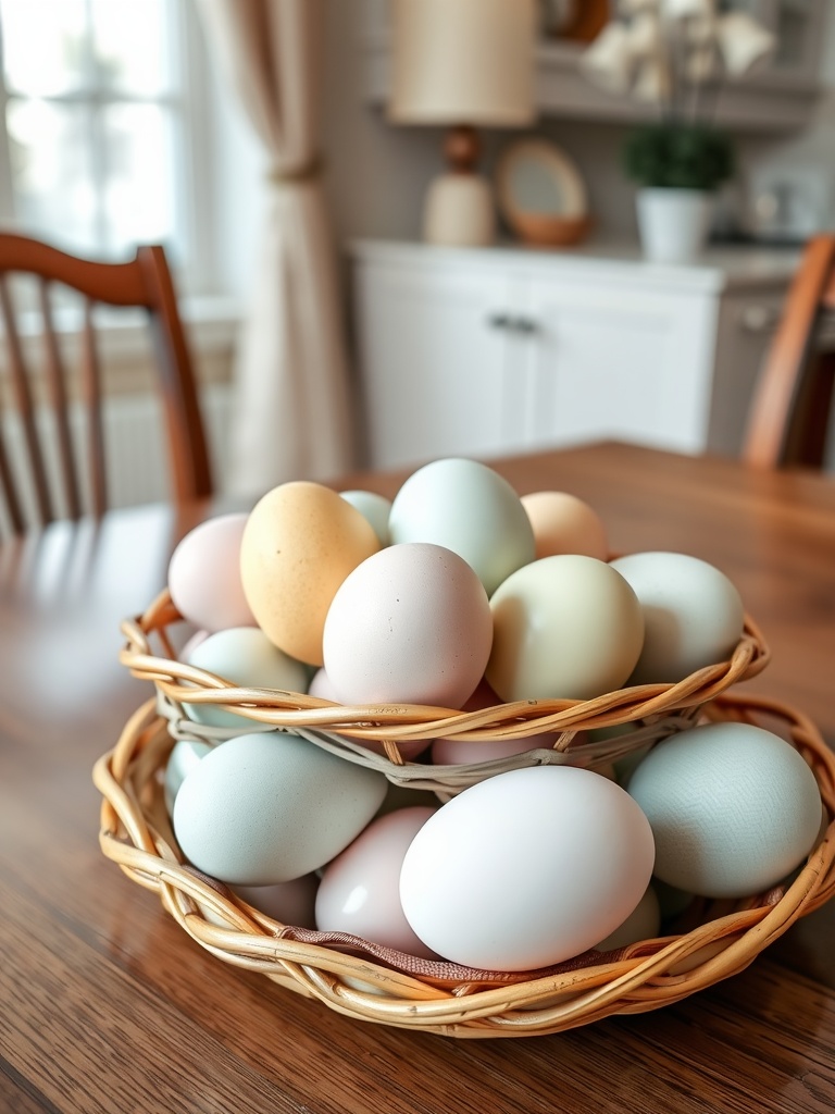 Two baskets filled with pastel-colored eggs on a wooden table