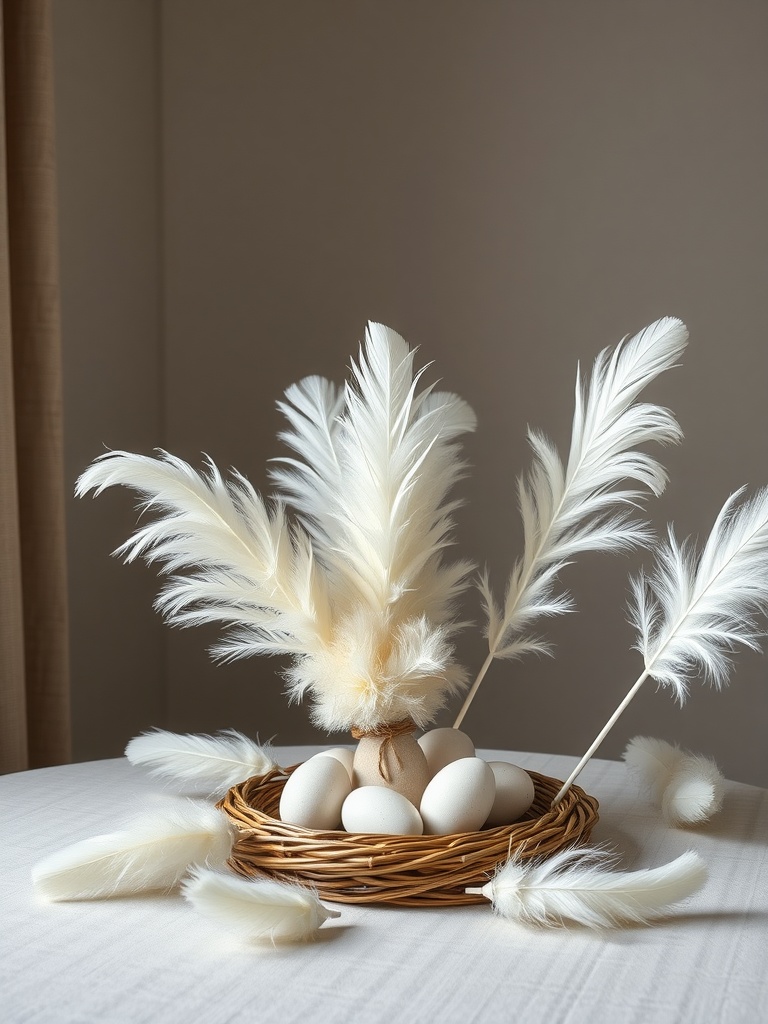 A decorative arrangement featuring soft white feathers, eggs in a wicker basket, and a neutral backdrop.