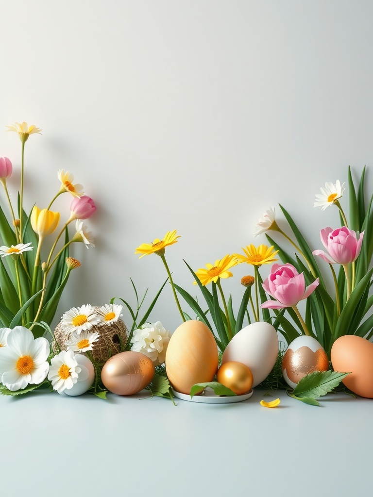 A spring-themed photo backdrop with colorful flowers and decorated eggs.