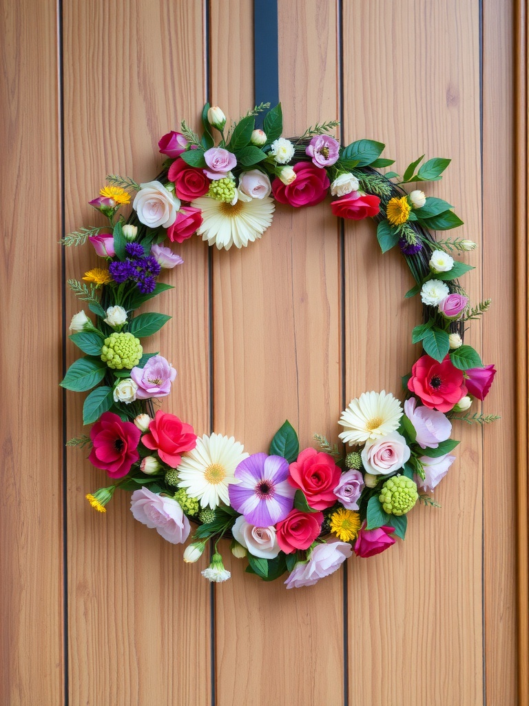 A colorful spring floral wreath hung on a wooden door.