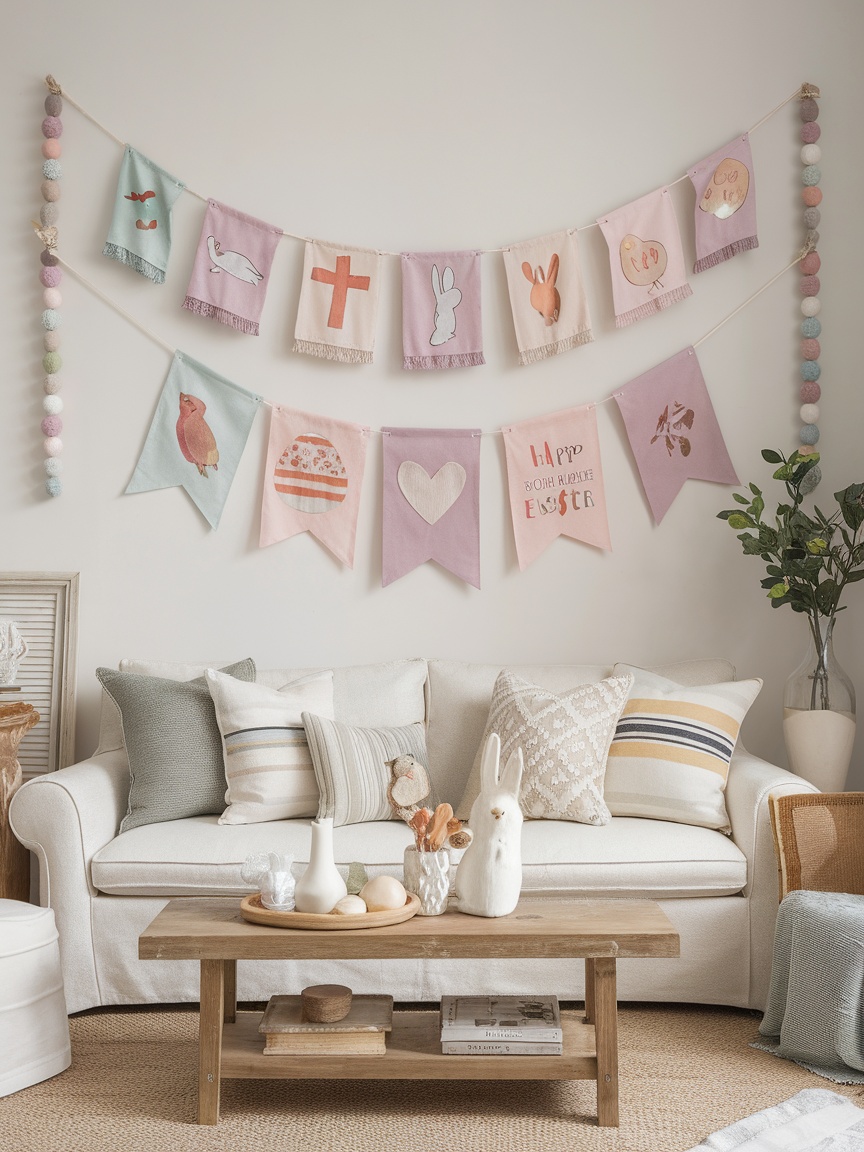 A fabric banner spelling 'EASTER' with floral decorations, hanging above a cozy sofa in a bright room.