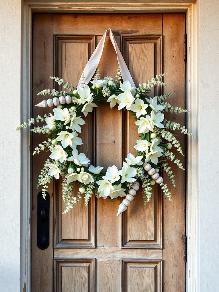 A subtle floral wreath with white flowers and wooden beads, hanging on a wooden door.
