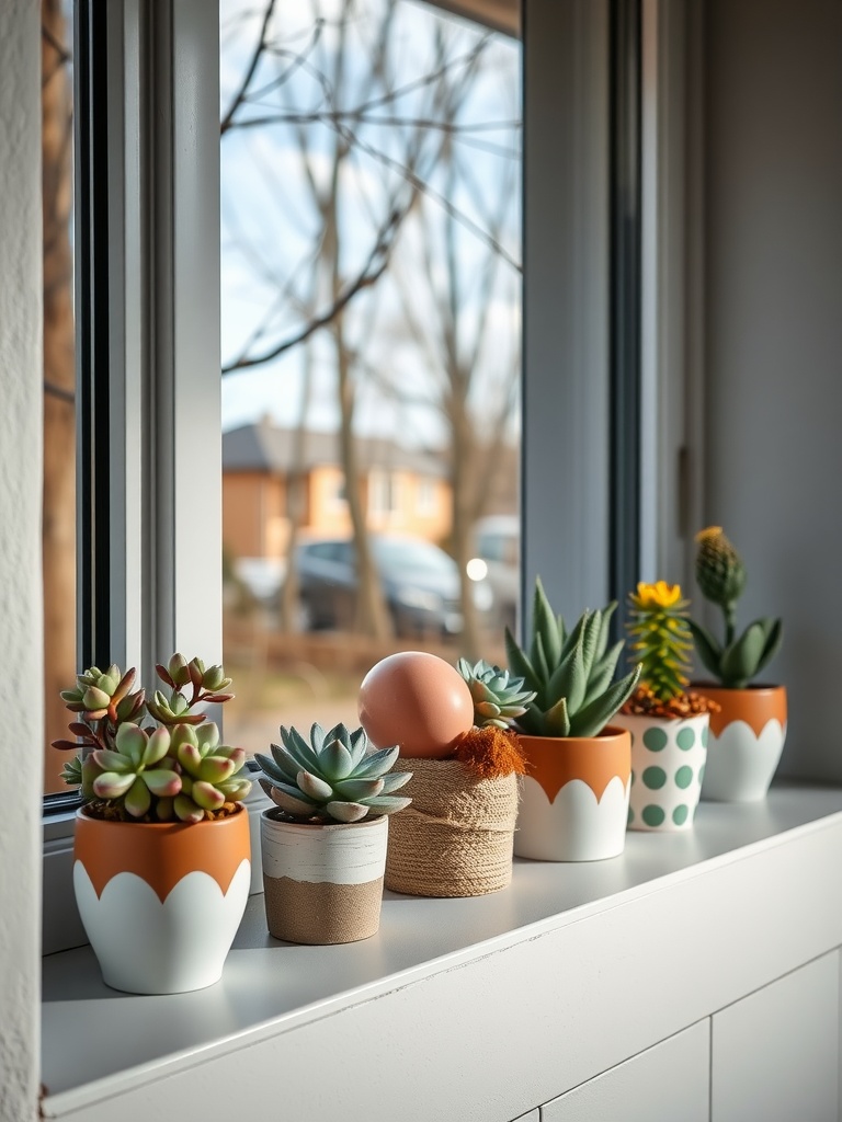 A collection of succulent plants in colorful pots, featuring a painted egg, arranged on a windowsill.