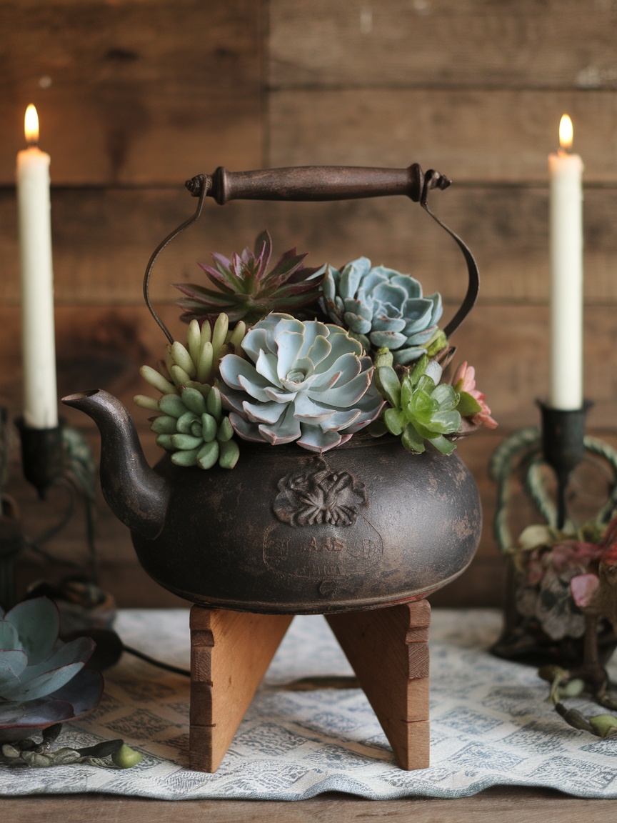 A colorful teapot filled with succulents, showcasing a unique Easter centerpiece idea.