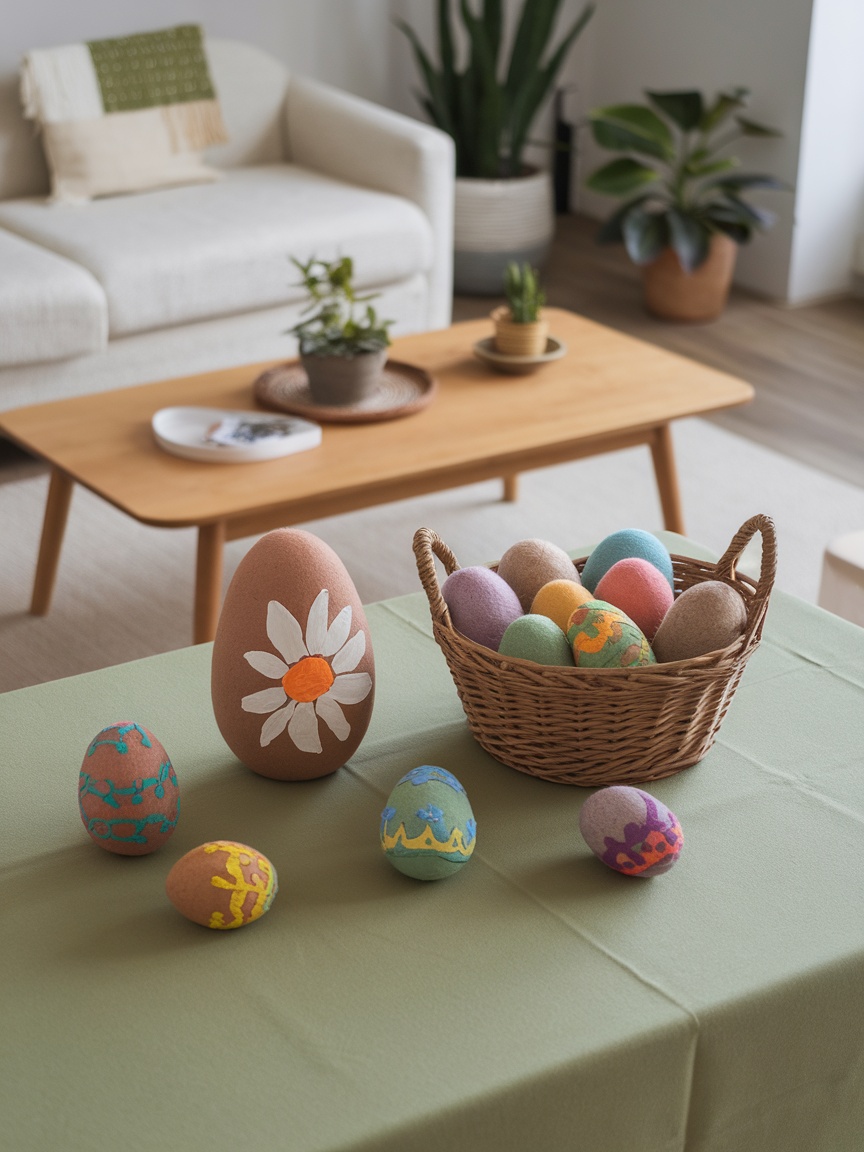 A cozy room decorated for Easter with plants, decorative eggs, and a hanging sign.