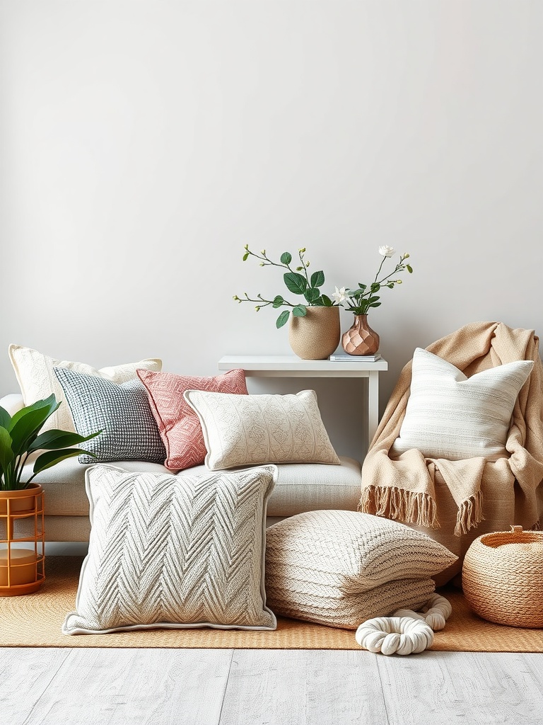 A cozy spring decor setup featuring various textured pillows, throws, and plants.