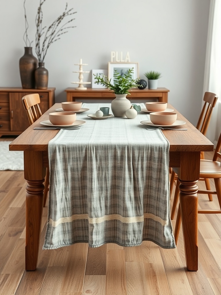A cozy dining table set with a textured linen table runner, dishes, and natural decor accents.