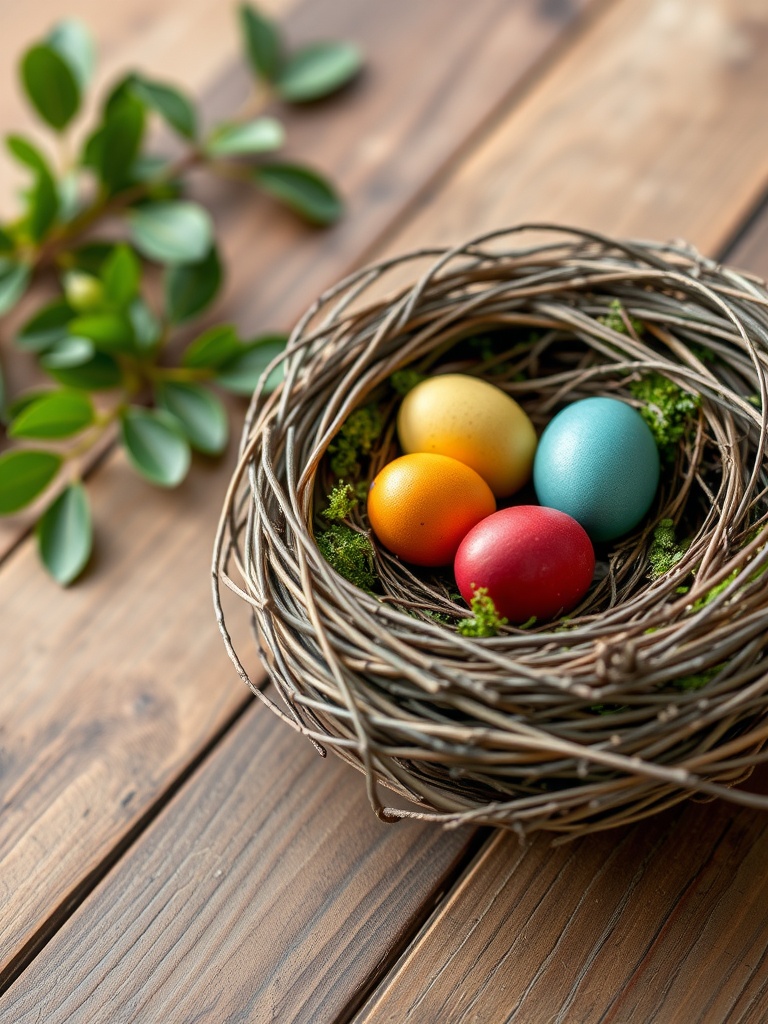 A decorative nest made of twigs, filled with colorful eggs and moss, set on a wooden surface.