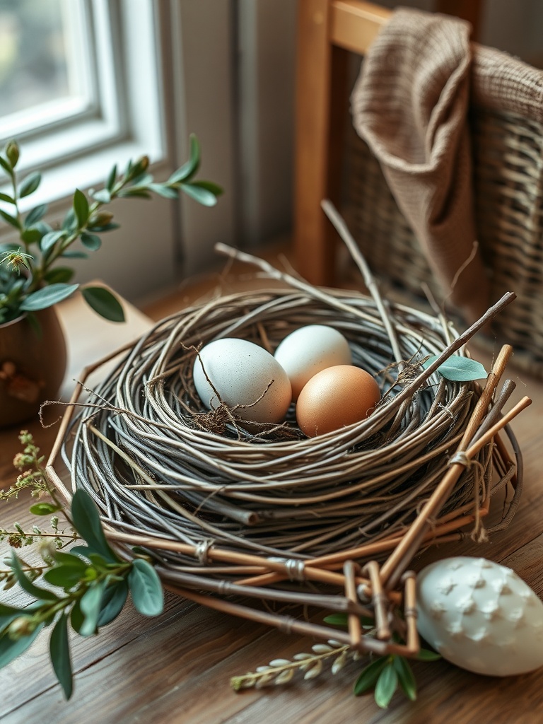 A cozy nest decor featuring pastel-colored eggs and greenery.