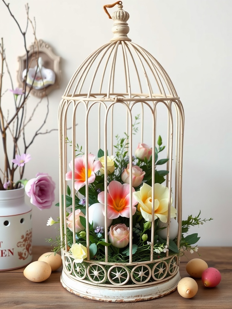 A vintage birdcage filled with colorful flowers and decorative eggs, serving as a centerpiece for Easter.