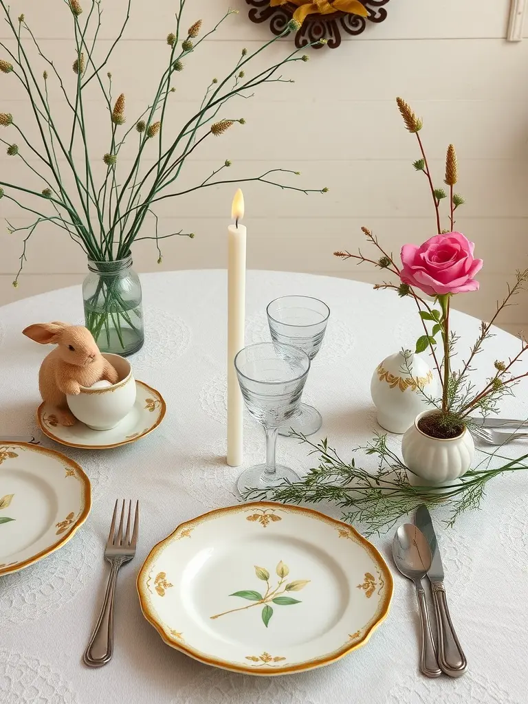 A vintage-inspired Easter tablescape featuring elegant plates, glassware, a pink rose, and a cute bunny decoration.