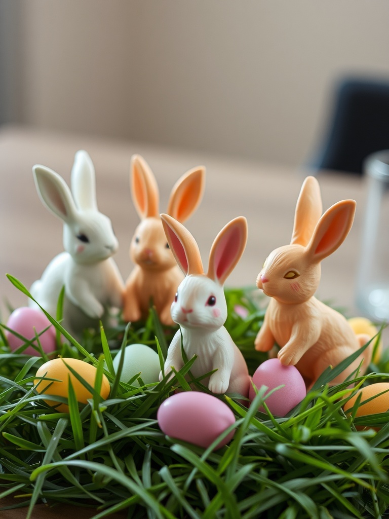 Colorful bunny figurines among colorful eggs in green grass
