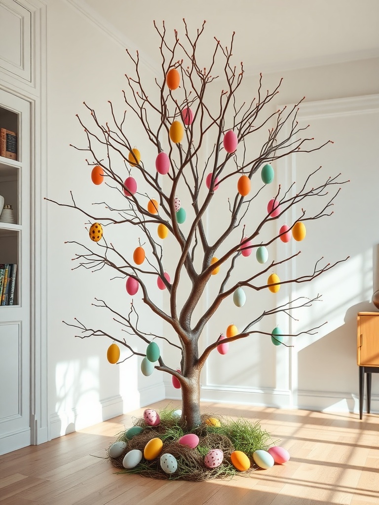 A whimsical tree display with colorful Easter eggs hanging from branches.