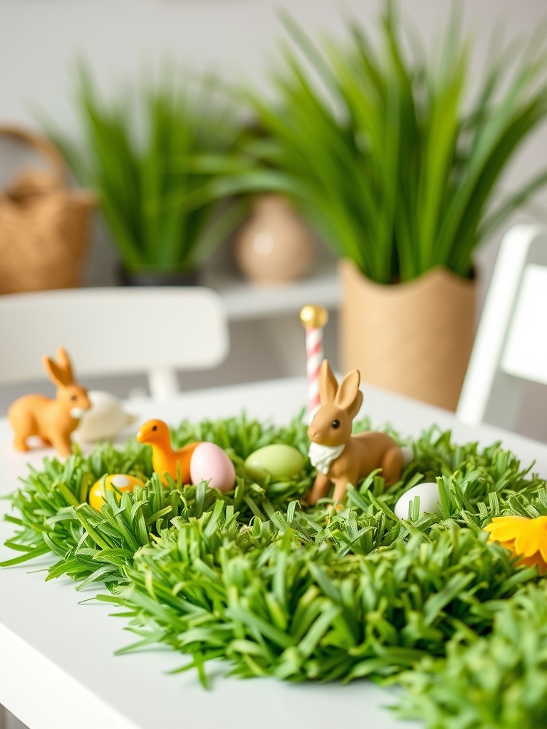 A whimsical Easter table decor featuring artificial grass, colorful eggs, and bunny figurines.