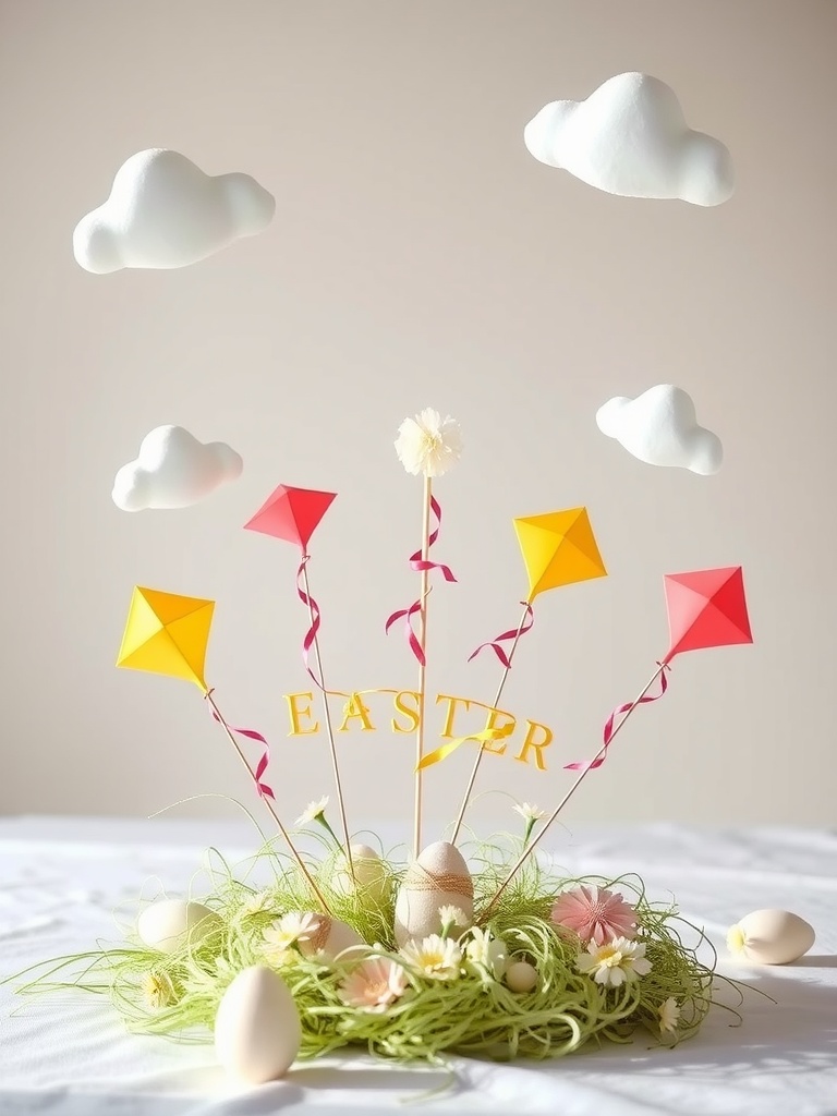 Whimsical Easter centerpiece with kites and clouds