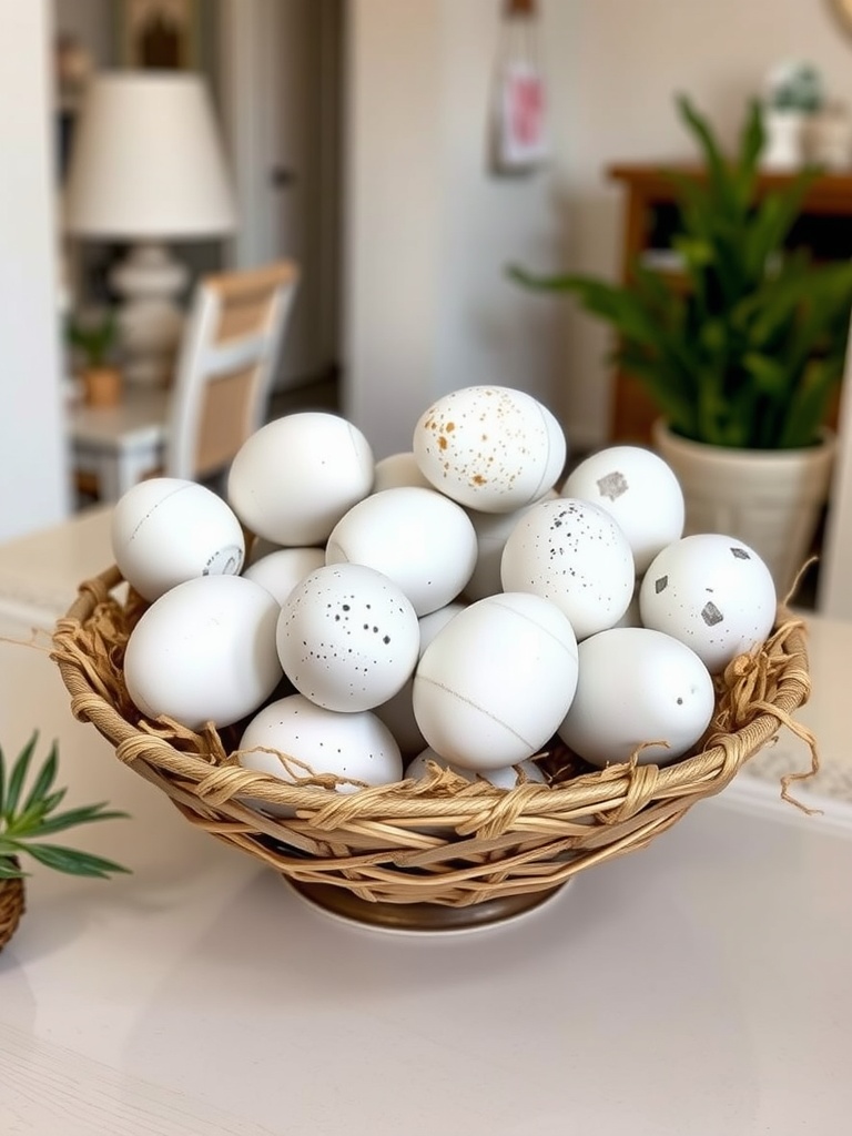 A basket filled with whitewashed Easter eggs, some with speckles and metallic accents.