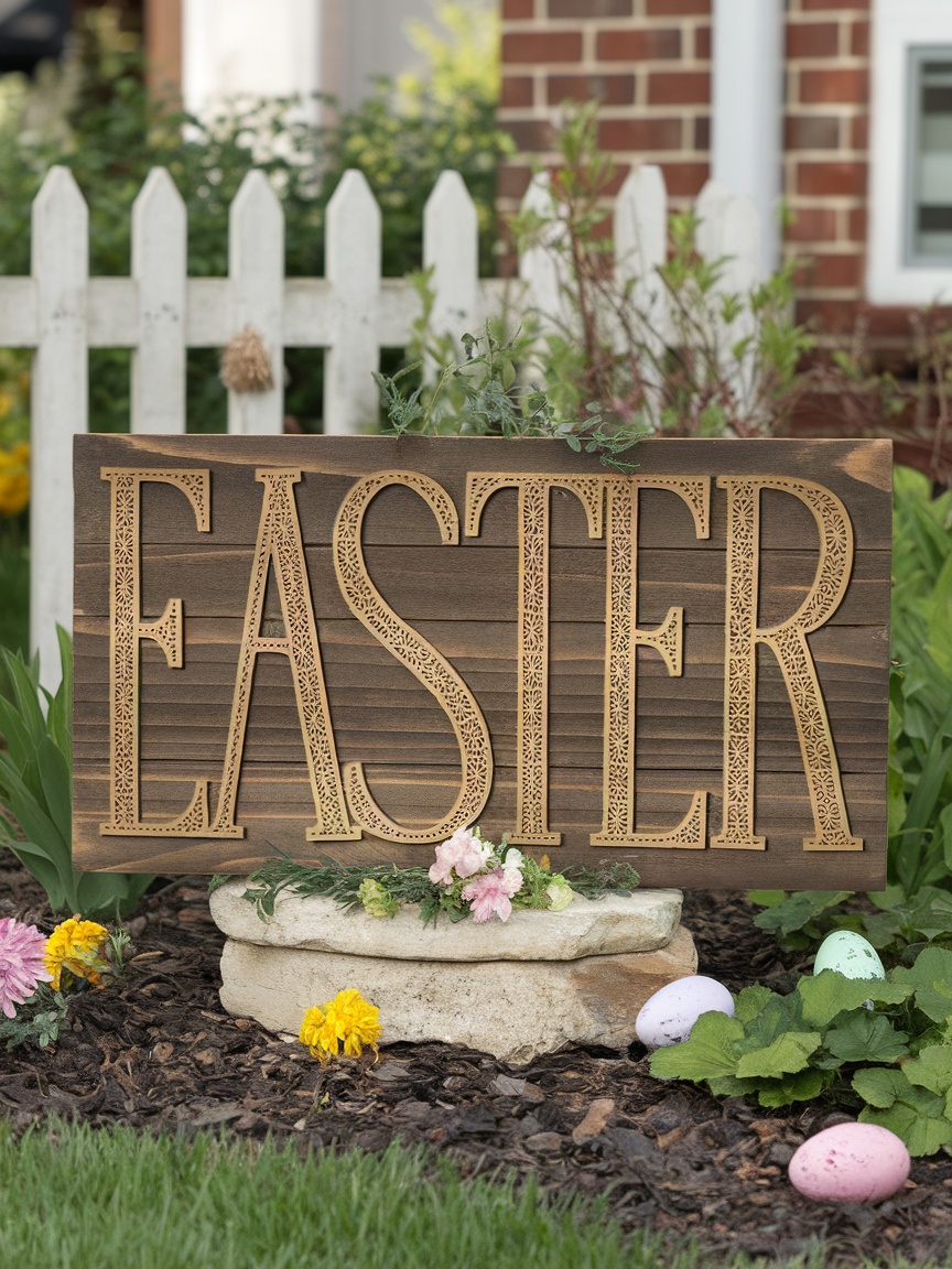 Wooden Easter signs with quotes in a garden setting