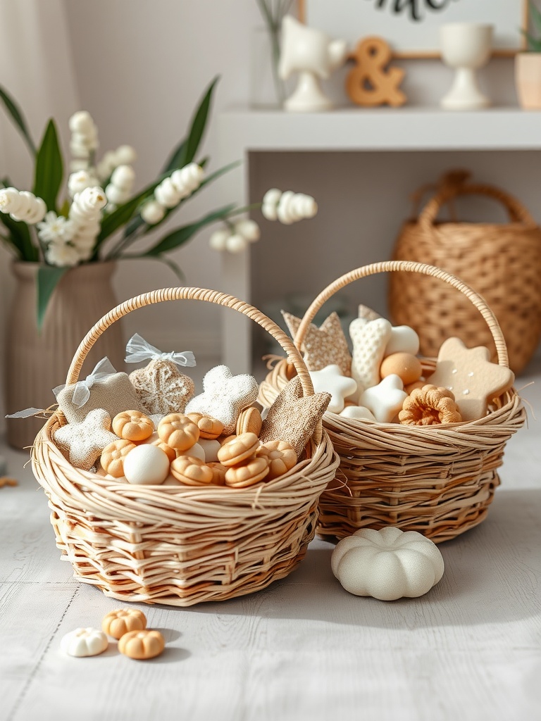 Two woven grass Easter baskets filled with pastel-colored cookies and decorative items, set against a neutral background.