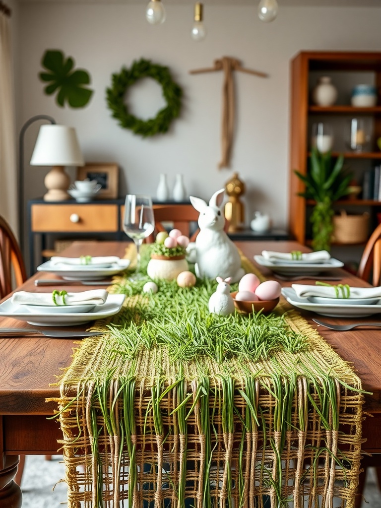 A beautifully arranged dining table featuring a woven grass table runner with decorative Easter elements.