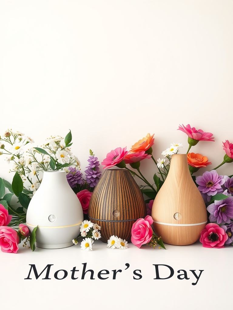 Three essential oil diffusers surrounded by flowers for Mother's Day decoration