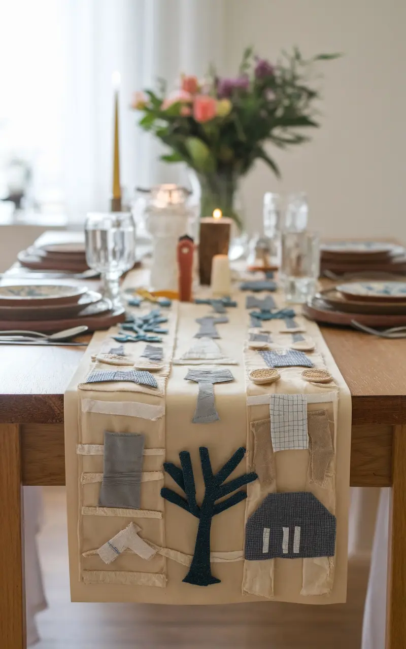 A creative table runner featuring fabric shapes like trees and houses, set on a dining table with candles and flowers.