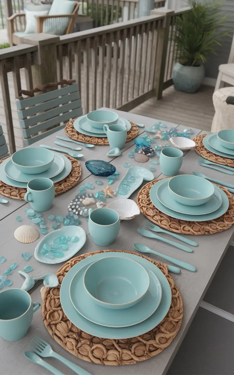 A beachy coastal themed table setting with aqua tableware, woven placemats, and decorative natural elements like seashells and glass stones.