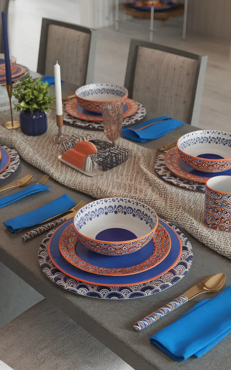 A colorful and textured Mother's Day table setting with patterned dishes and vibrant colors