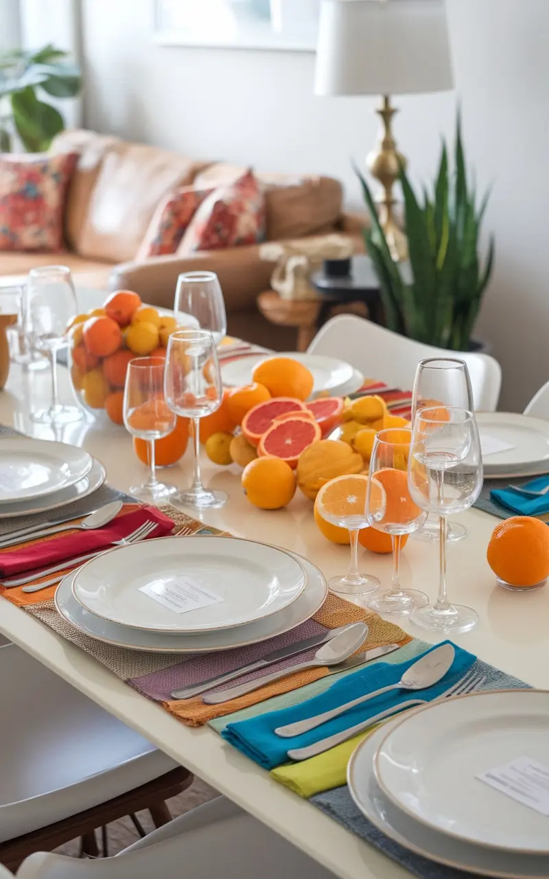 A beautifully arranged table set with colorful table linens and an assortment of citrus fruits.
