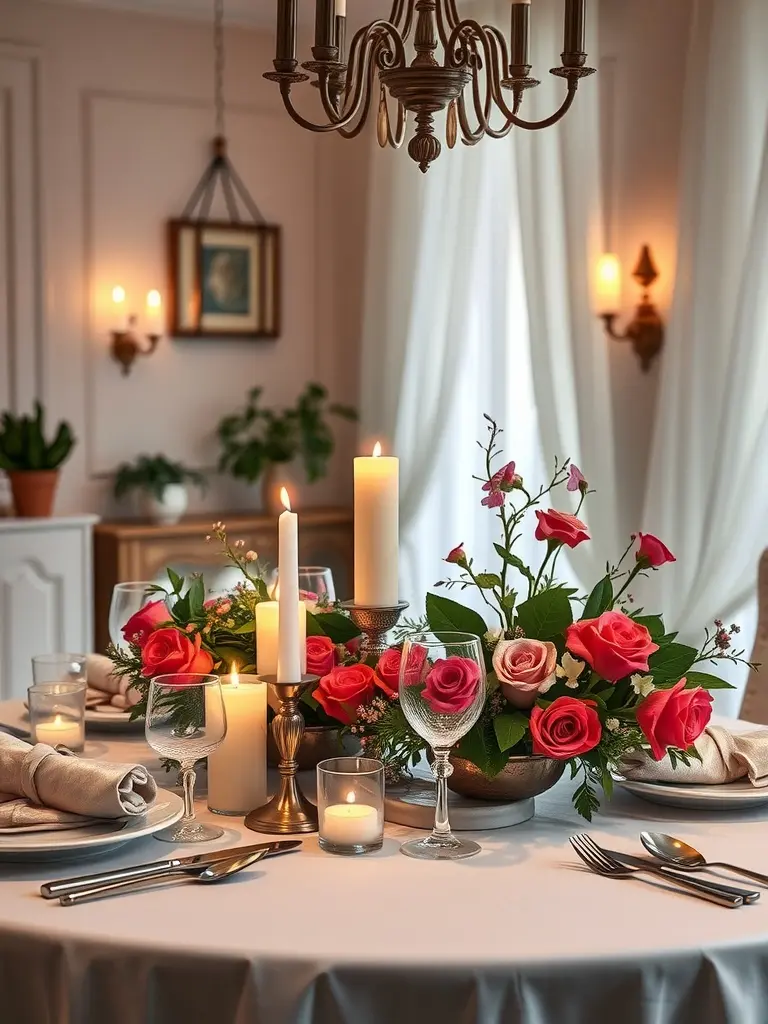 Elegant candlelit dinner setup with flowers and soft lighting